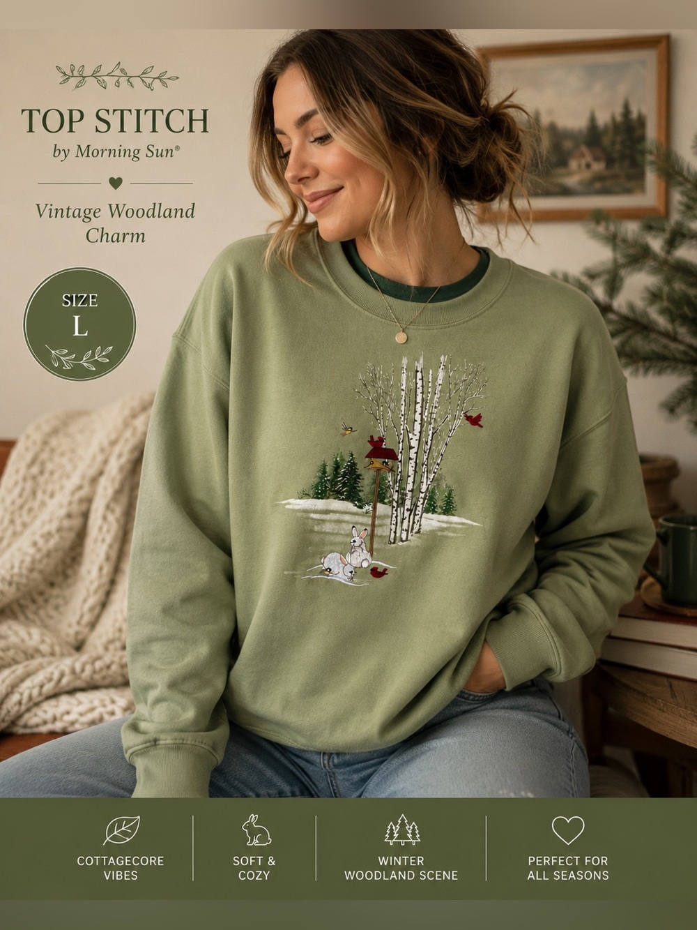 Top Stitch Winter Woodland Bunny Sweatshirt Green Cottagecore Crewneck L